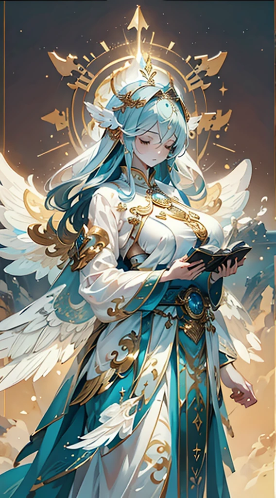 goddess，Fantasy style，Magic Style，Greek style，White gold color scheme，White and gold，goddess，Halo，Divinity，wing，wing，wing，wing，wing，Big breasts大屁股，Big breasts，Full figure，Royal sister，graceful，Noble temperament，robe，高开叉robe，Golden runes，Kingdom of Heaven background，Ancient Greek temple background，Close-up above the waist，Upper body close-up