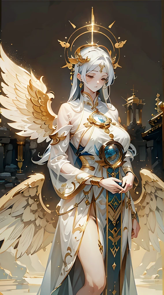 goddess，Fantasy style，Magic Style，Greek style，White gold color scheme，White and gold，goddess，Halo，Divinity，wing，wing，wing，wing，wing，Big breasts大屁股，Big breasts，Full figure，Royal sister，graceful，Noble temperament，robe，高开叉robe，Golden runes，Kingdom of Heaven background，Ancient Greek temple background，Close-up above the waist，Upper body close-up