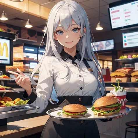 verniy, grey hair, waitress at mcdonald's,(fast-food uniform:1.4),
,(masterpiece:1.4),(best quality:1.4), (amazing), (great illu...