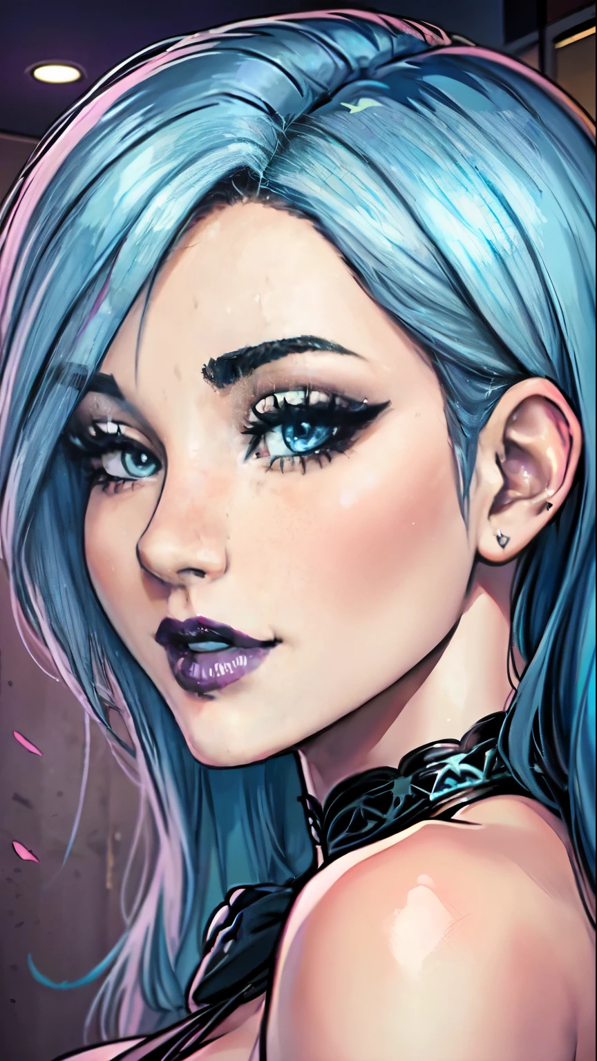 Masterpiece, raw,  beautiful art, professional artist, 8k, art style by sciamano240, very detailed face, very detailed hair, 1girl, perfectly drawn body, beautiful face, long hair, light blue hair , very detailed blue eyes, pouty lips , rosey cheeks, intricate details in eyes, seductive smile, looking directly at viewer , taking a shower, sultry expression, wedding ring , lipstick, modern hotel setting, very close up on face, 