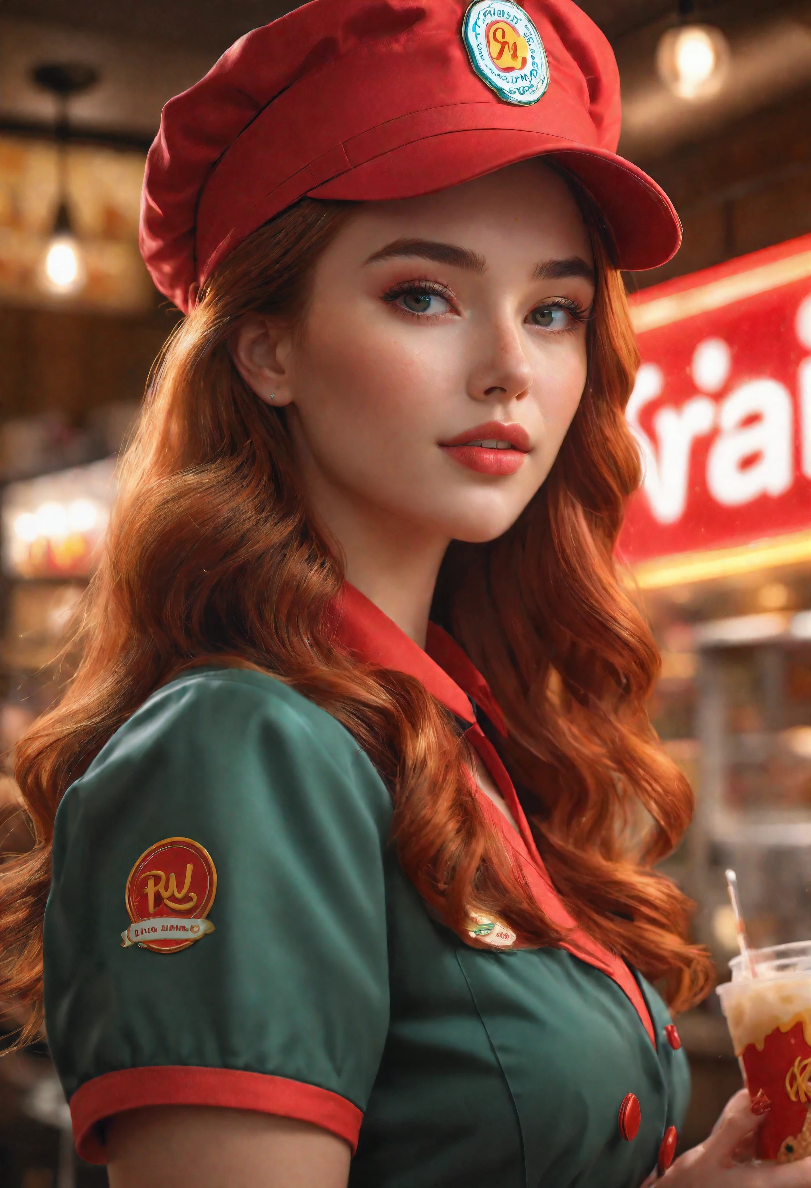 a beautiful fast food worker with bright brunette hair,freckles skin,detailed facial features,cute fast food waiter uniform,fast food worker hat,cutre pose,aesthetic fast food restaurant,neon light,fast food menu,delicious dessert,supermodel beauty,aquiline nose,best quality,8k,highres,masterpiece:1.2,ultra-detailed,realistic,photorealistic,photo-realistic:1.37,HDR,UHD,neon lighting,warm restaurant room,ultra-fine painting,sharp focus,physically-based rendering,extreme detail description,professional,vivid colors,bokeh,portrait | Rendered in ultra-high definition with UHD and retina quality, this masterpiece ensures anatomical correctness and textured skin with super detail. With a focus on high quality and accuracy, this award-winning portrayal captures every nuance in stunning 16k resolution, immersing viewers in its lifelike depiction. | ((pretty wavey red hair):1.1), ((fancy handgloves):1.1) | (((anatomical correctness))), (((perfect_fingers))), (((perfect_legs))), (((perfect_hands))), ((perfect_composition, perfect_design, perfect_layout, perfect_detail, ultra_detailed)), ((enhance_all, fix_everything)), More Detail, Enhance.