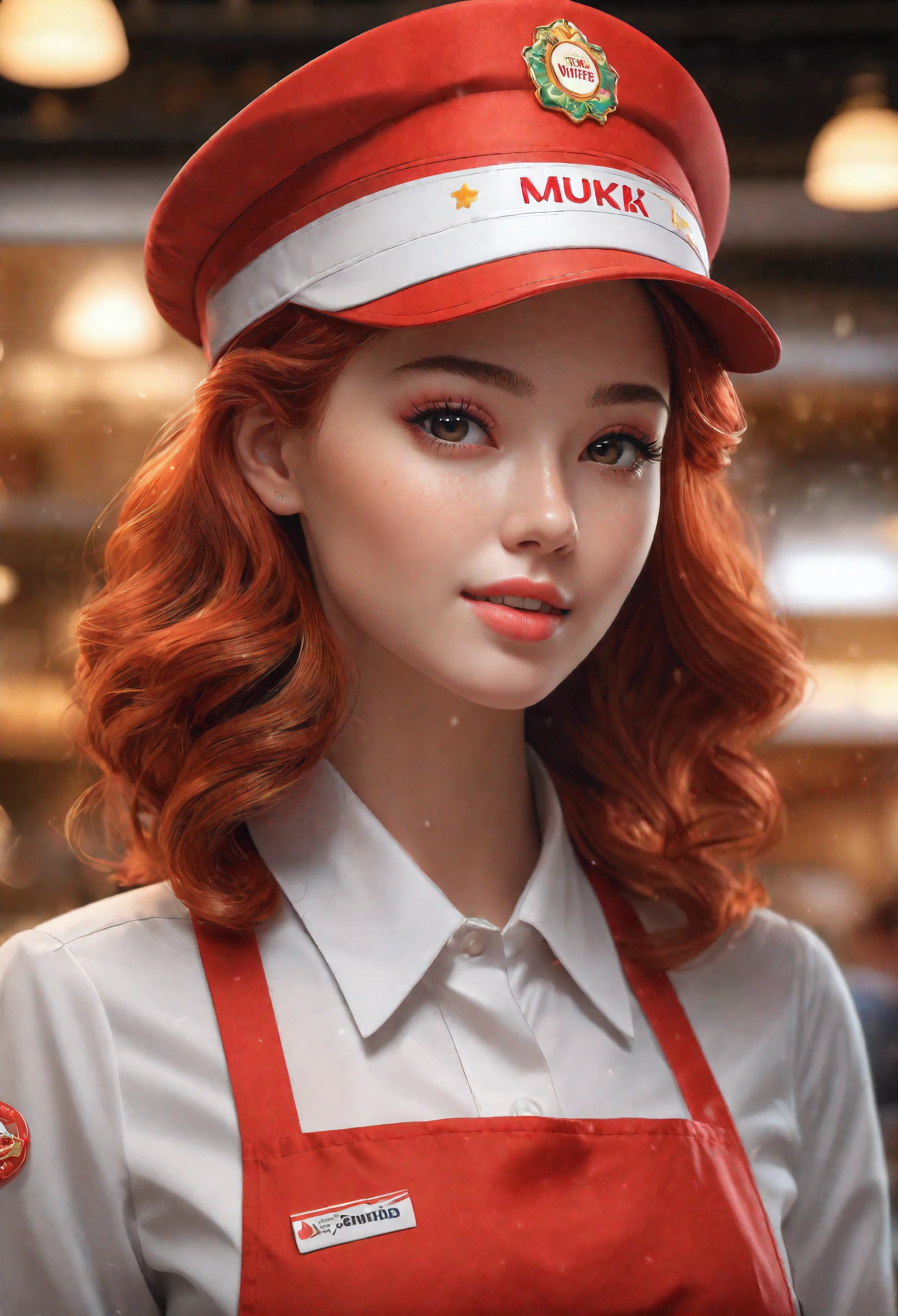 a beautiful fast food worker with bright brunette hair,freckles skin,detailed facial features,cute fast food waiter uniform,fast food worker hat,cutre pose,aesthetic fast food restaurant,neon light,fast food menu,delicious dessert,supermodel beauty,aquiline nose,best quality,8k,highres,masterpiece:1.2,ultra-detailed,realistic,photorealistic,photo-realistic:1.37,HDR,UHD,neon lighting,warm restaurant room,ultra-fine painting,sharp focus,physically-based rendering,extreme detail description,professional,vivid colors,bokeh,portrait | Rendered in ultra-high definition with UHD and retina quality, this masterpiece ensures anatomical correctness and textured skin with super detail. With a focus on high quality and accuracy, this award-winning portrayal captures every nuance in stunning 16k resolution, immersing viewers in its lifelike depiction. | ((pretty wavey red hair):1.1), ((fancy handgloves):1.1) | (((anatomical correctness))), (((perfect_fingers))), (((perfect_legs))), (((perfect_hands))), ((perfect_composition, perfect_design, perfect_layout, perfect_detail, ultra_detailed)), ((enhance_all, fix_everything)), More Detail, Enhance.