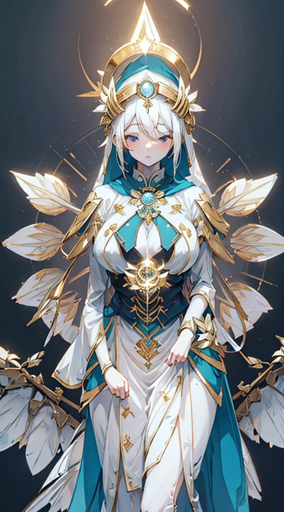 goddess，Fantasy style，Magic Style，Greek style，White gold color scheme，White and gold，goddess，Halo，Divinity，wing，wing，wing，wing，wing，Big breasts大屁股，Big breasts，Full figure，Royal sister，graceful，Noble temperament，robe，高开叉robe，Golden runes，Kingdom of Heaven background，Ancient Greek temple background，Close-up above the waist，Upper body close-up