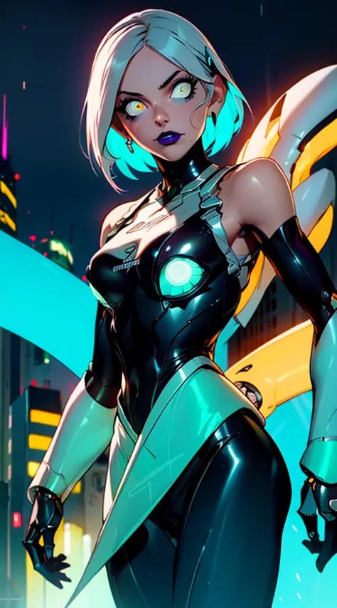 (mechanical parts:1.5),fighting , glowing eyes, short hair, tight supersuit, in a futuristic city, lights and neon, glowing neon...