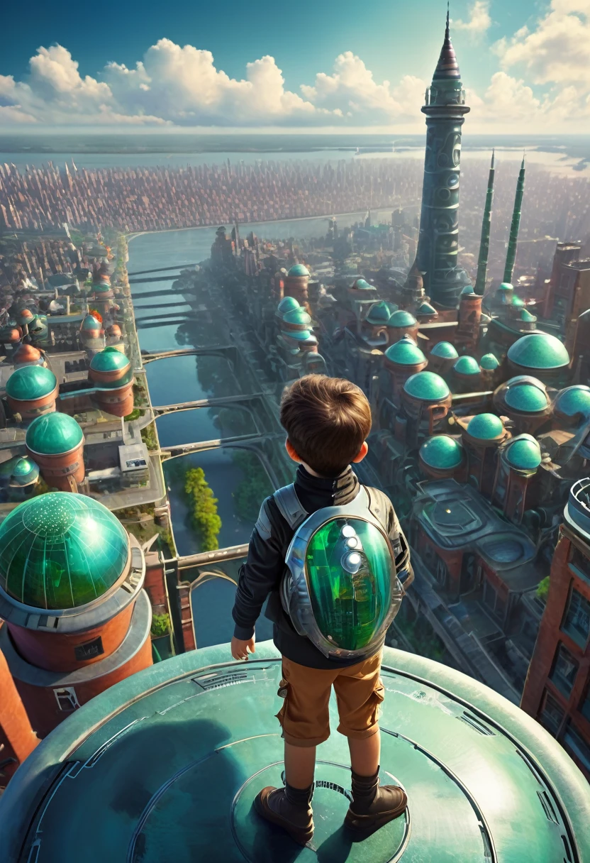 A boy looks at a futuristic city from the top of a chimney