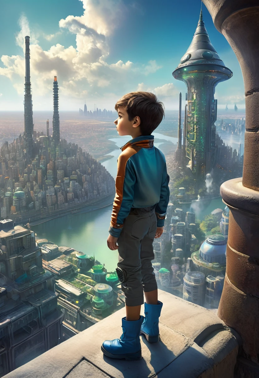 A boy looks at a futuristic city from the top of a chimney