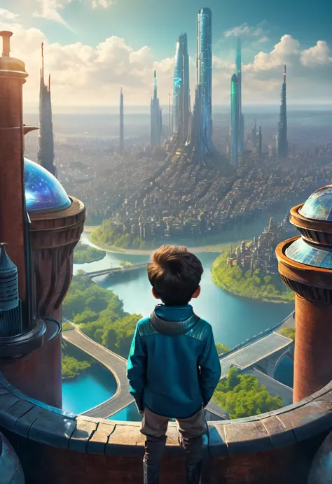 a boy looks at a futuristic city from the top of a chimney