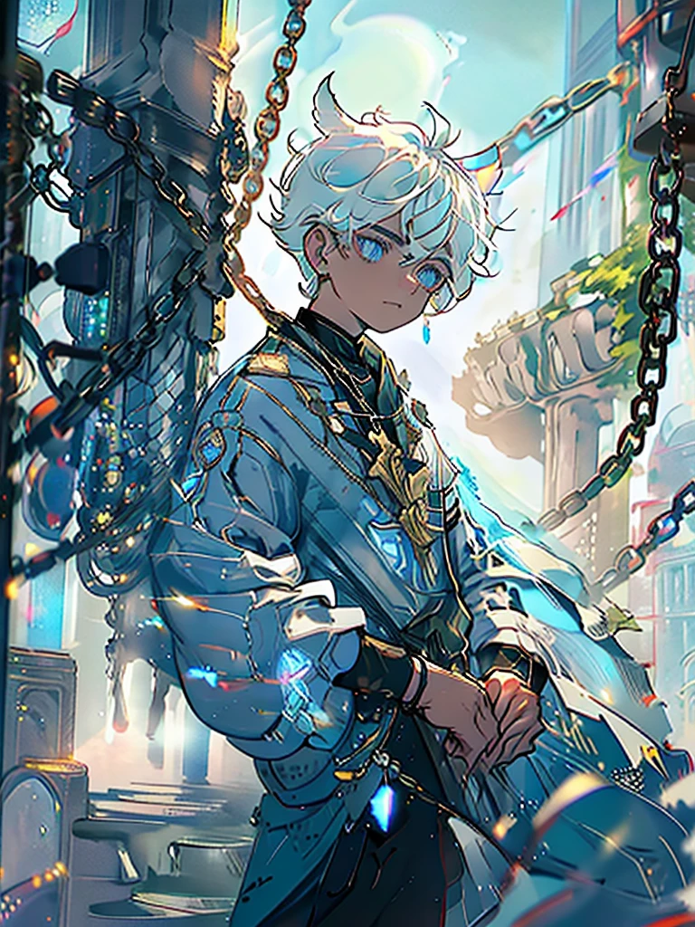 A young man in his 20s，White hair，Blue Earring Dye，Blue and eyes，Wolf ears，Royal，Gorgeous clothing，Black military uniform，Gem Eyes，Delicate and beautiful eyes，night，aurora，cross，Chain