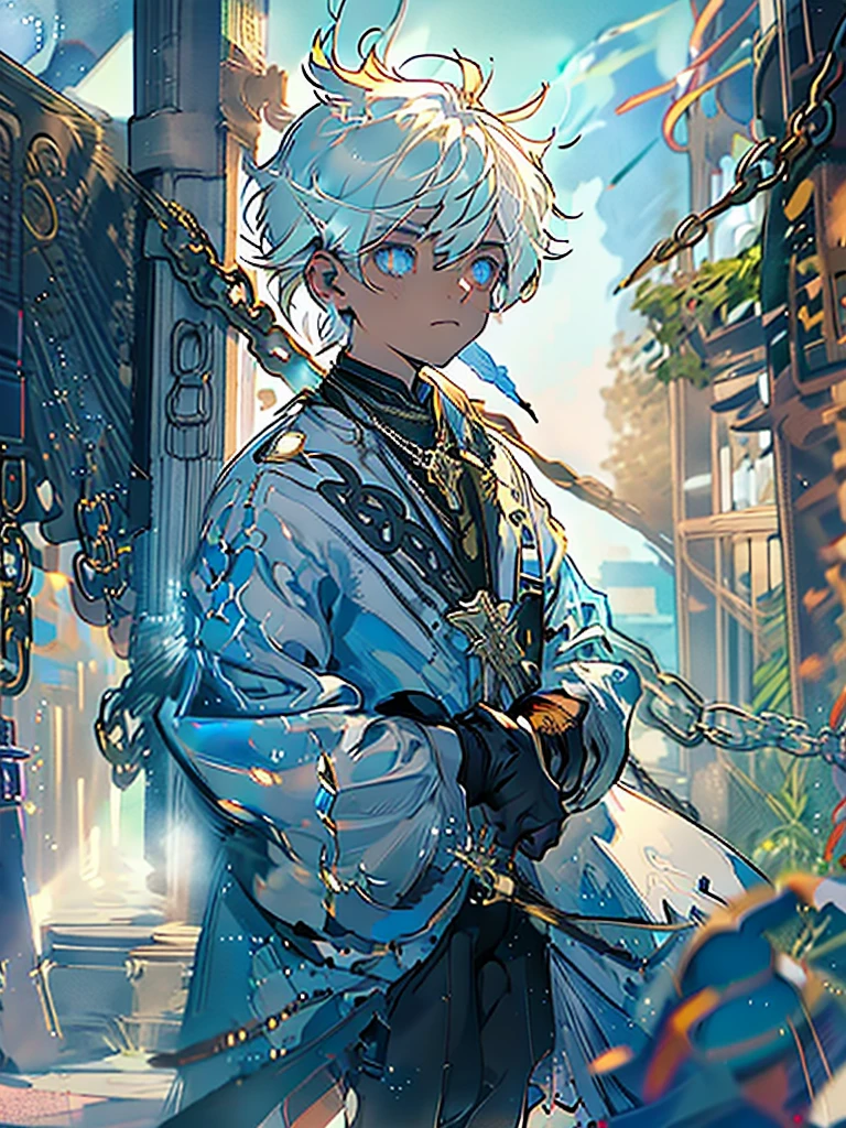 A young man in his 20s，White hair，Blue Earring Dye，Blue and eyes，Wolf ears，Royal，Gorgeous clothing，Black military uniform，Gem Eyes，Delicate and beautiful eyes，night，aurora，cross，Chain