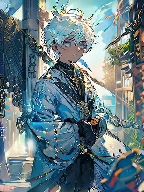 a young man in his 20s，white hair，blue earring dye，blue and eyes，wolf ears，royal，gorgeous clothing，black military uniform，gem ey...