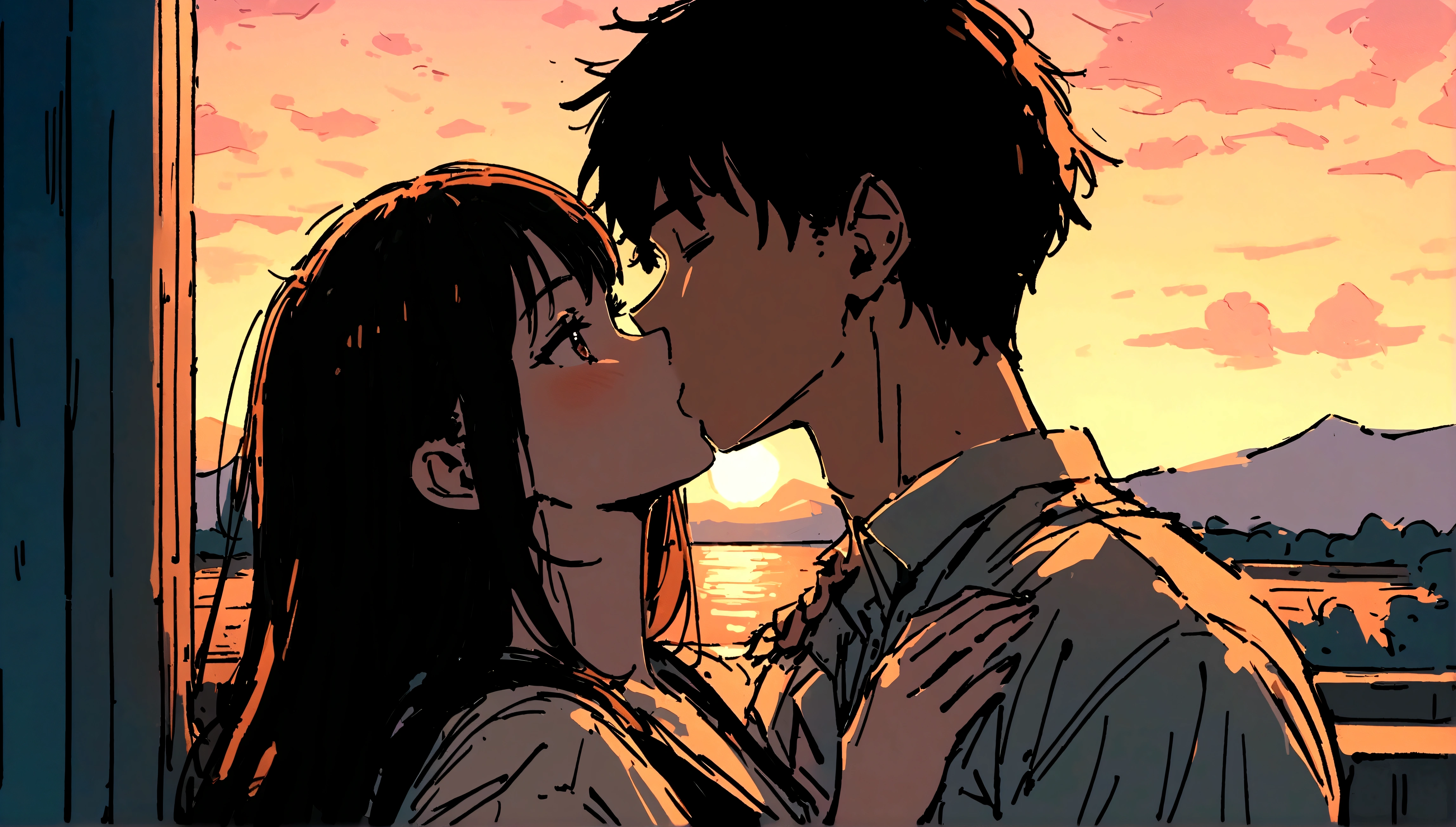 Anime couple kissing in front of a sunset sky - SeaArt AI