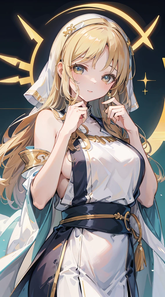 goddess，Fantasy style，Magic Style，Greek style，White gold color scheme，White and gold，goddess，Halo，Divinity，wing，wing，wing，wing，wing，Big breasts大屁股，Big breasts，Full figure，Royal sister，graceful，Noble temperament，robe，高开叉robe，Golden runes，Kingdom of Heaven background，Ancient Greek temple background，Close-up above the waist，Upper body close-up，Western style，Western style clothing，古希腊robe