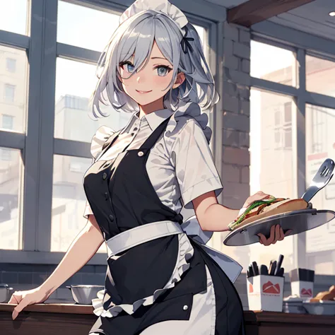 verniy, grey hair, waitress at fast-food,(waitress uniform:1.4),(apron:1.4),
,(masterpiece:1.4),(best quality:1.4), (amazing), (...