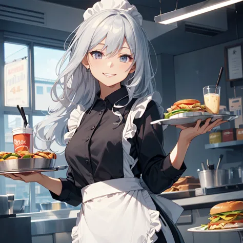 verniy, grey hair, waitress at fast-food,(waitress uniform:1.4),(apron:1.4),
,(masterpiece:1.4),(best quality:1.4), (amazing), (...