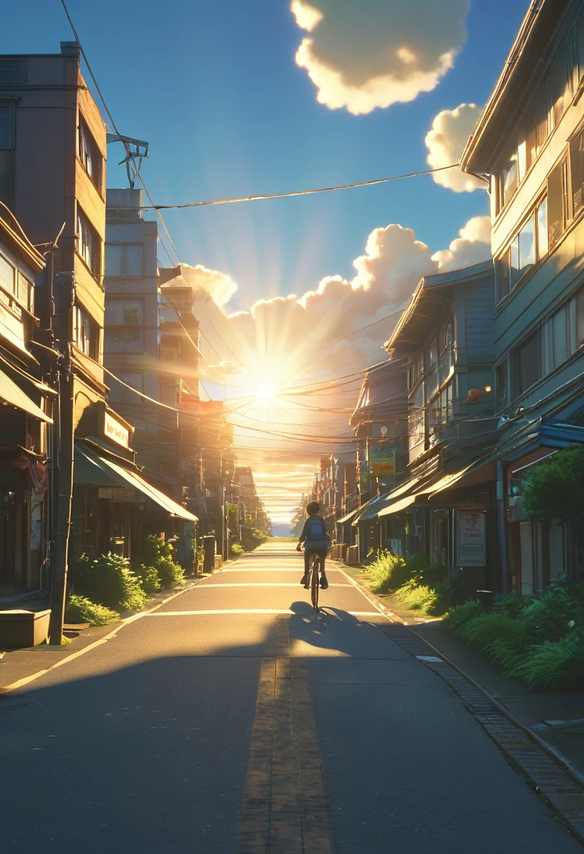 (3d:0.5,Realistic:0.5,photoRealistic:0.5),(Absurd,Super Resolution,masterpiece,Highest quality,In detail,Absurd:1.2), Dramatic Light, Dramatic lighting, Cinematic, Anime Scenery, makoto shinkai, Ghibli, Fantasy World, Magic, Beautiful sky, cloud, building, bike, Airplane trajectory, bird, Dramatic Lighting, Cinematic lighting, sunset, warm sunset, Warm sun, street, Depth of written boundary, Lens flare,