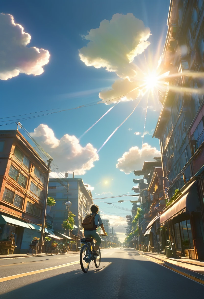 (3d:0.5,Realistic:0.5,photoRealistic:0.5),(Absurd,Super Resolution,masterpiece,Highest quality,In detail,Absurd:1.2), Dramatic Light, Dramatic lighting, Cinematic, Anime Scenery, makoto shinkai, Ghibli, Fantasy World, Magic, Beautiful sky, cloud, building, bike, Airplane trajectory, bird, Dramatic Lighting, Cinematic lighting, sunset, warm sunset, Warm sun, street, Depth of written boundary, Lens flare,