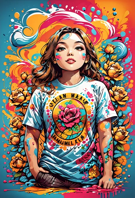 designer t-shirt with colorful illustration with many roses, at the center, swirly vibrant colors, paint splashes and smears, t-...