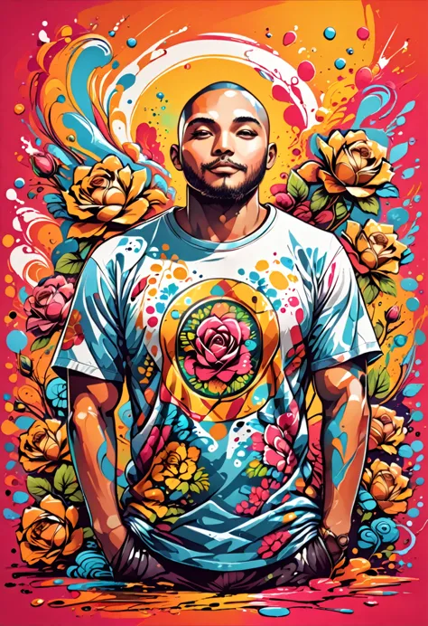 designer t-shirt with colorful illustration with many roses, at the center, swirly vibrant colors, paint splashes and smears, t-...