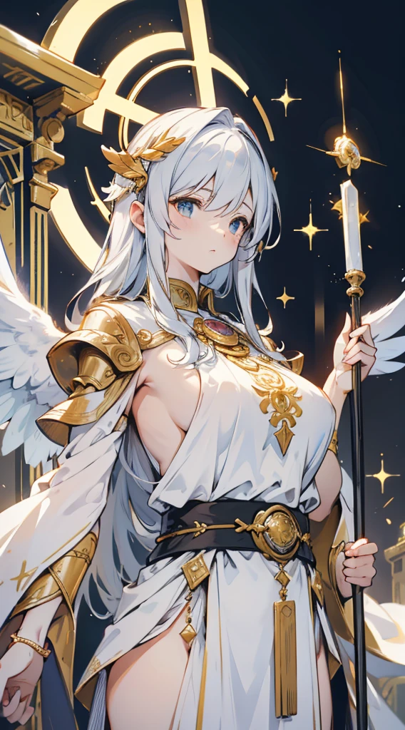 goddess，Fantasy style，Magic Style，Greek style，White gold color scheme，White and gold，goddess，Halo，Divinity，wing，wing，wing，wing，wing，Big breasts大屁股，Big breasts，Full figure，Royal sister，graceful，Noble temperament，robe，高开叉robe，Golden runes，Kingdom of Heaven background，Ancient Greek temple background，Close-up above the waist，Upper body close-up，Western style，Western style clothing，古希腊robe