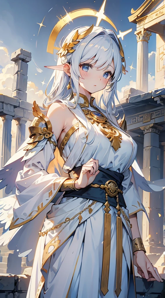 goddess，Fantasy style，Magic Style，Greek style，White gold color scheme，White and gold，goddess，Halo，Divinity，wing，wing，wing，wing，wing，Big breasts大屁股，Big breasts，Full figure，Royal sister，graceful，Noble temperament，robe，高开叉robe，Golden runes，Kingdom of Heaven background，Ancient Greek temple background，Close-up above the waist，Upper body close-up，Western style，Western style clothing，古希腊robe