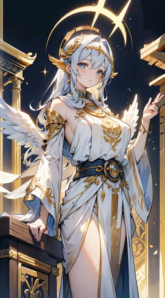 goddess，Fantasy style，Magic Style，Greek style，White gold color scheme，White and gold，goddess，Halo，Divinity，wing，wing，wing，wing，wing，Big breasts大屁股，Big breasts，Full figure，Royal sister，graceful，Noble temperament，robe，高开叉robe，Golden runes，Kingdom of Heaven background，Ancient Greek temple background，Close-up above the waist，Upper body close-up，Western style，Western style clothing，古希腊robe