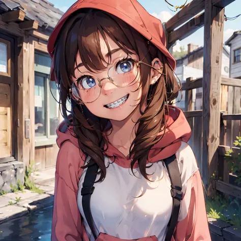 1girl, smiling, braces, glasses, brown hair, blue eyes, cute, blush, wearing jeans, wearing oversized hoodie, highres, best qual...