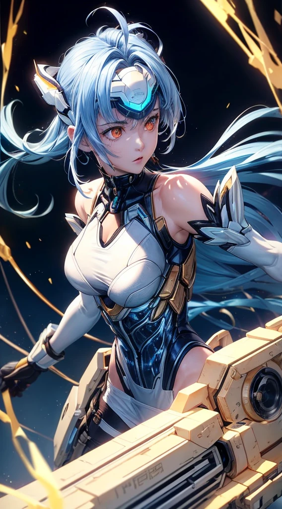 top-quality、​masterpiece、超A high resolution、(Photorealsitic:1.4)、女の子1人、Light blue hair、Straight hair, shiny and clean hair、White shiny skin、Sexy Cyberpunk Girl、((super realistic details))、Shadow、octan render、ultrasharp、hyperdetailed face、Fiberglass、Luminous tube、highly intricate detail、Realistic light、CGSoation Trends、((Golden Eyes))、(Facing the camera)、neon detailechanical limbechanical vertebrae attached to the back、mechanical cervical attaching to neck、Wires and cables connecting to the head、((valkyrie))、((Beam Cannon))、Combat stance