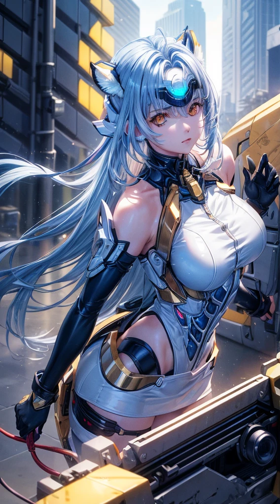 top-quality、​masterpiece、超A high resolution、(Photorealsitic:1.4)、女の子1人、Light blue hair、Straight hair, shiny and clean hair、White shiny skin、Sexy Cyberpunk Girl、((super realistic details))、Shadow、octan render、ultrasharp、hyperdetailed face、Fiberglass、Luminous tube、highly intricate detail、Realistic light、CGSoation Trends、((Golden Eyes))、(Facing the camera)、neon detailechanical limbechanical vertebrae attached to the back、mechanical cervical attaching to neck、Wires and cables connecting to the head、((valkyrie))、((Beam Cannon))、Combat stance