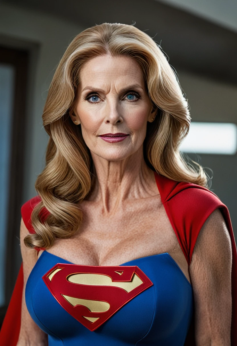 Sexy super old  Julie Hagerty Supergirl; HD. Photograph, ((realism)), extremely high quality RAW photograph, ultra detailed photograph, sharp focus, high resolution, (detailed skin:1,3),high quality, film grain, Fujifilm XT3,Highly Detailed, movie, (Cinematic Photo:1.3) of (Realistic:1.3), by John Byrne