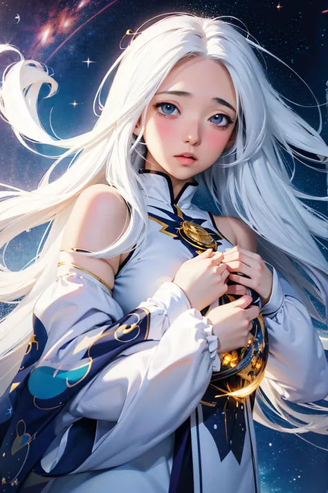 anime girl with long white hair and a star in her hair, white haired god, anime girl cosmic hair, star(sky) starry_sky, anime pi...