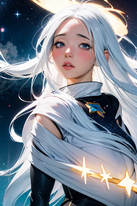 anime girl with long white hair and a star in her hair, white haired god, anime girl cosmic hair, star(sky) starry_sky, anime pi...