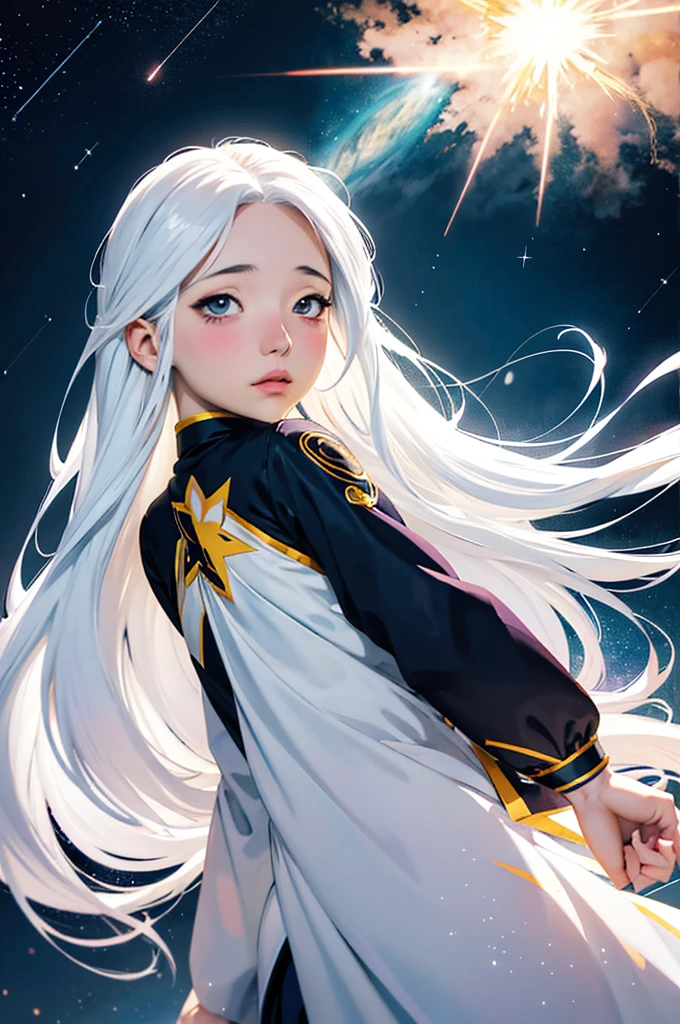 anime girl with long white hair and a star in her hair, white haired god, anime girl cosmic hair, star(sky) starry_sky, Anime pictures of cute girls, splash anime art , White glowing aura, girl with white hair, ethereal anime, akasuki voidstar, Heavenly Aura, Nightcore, anime moe art style