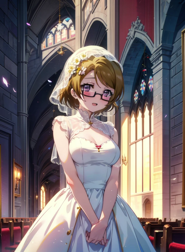 hanayo koizumi, hanayo　Koizumi, short hair, Brown Hair, Purple eyes,Big Breasts,Black-rimmed glasses,happy smile, smile, Open your mouth,Wedding dress,Veil,bouquet,Flower storm,　　　　　　　　　　　　　　　　　　break looking at viewer, whole body,(Cowboy Shot:1. 5) 　　　　　　　　　　　　　　　　　　　break indoors, Chapel,church, 　　　　　　　　　　　break (masterpiece:1.2), Highest quality, High resolution, unity 8k wallpaper, (shape:0.8), (Beautiful attention to detail:1.6), Highly detailed face, Perfect lighting, Highly detailed CG, (Perfect hands, Perfect Anatomy),