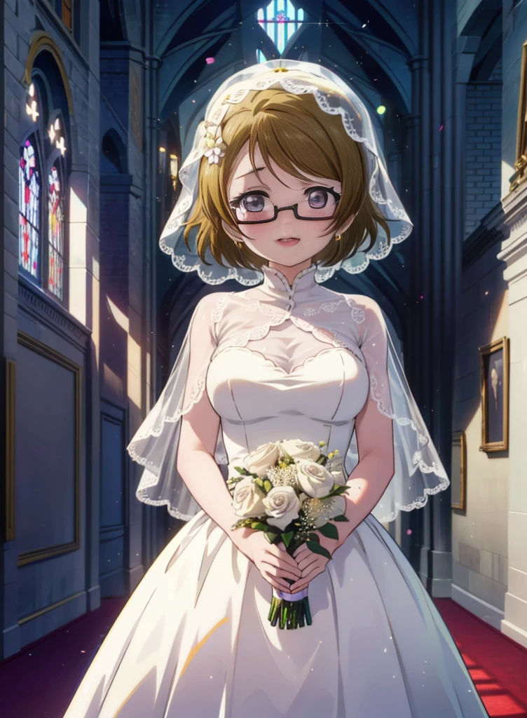 hanayo koizumi, hanayo　Koizumi, short hair, Brown Hair, Purple eyes,Big Breasts,Black-rimmed glasses,happy smile, smile, Open your mouth,Wedding dress,Veil,bouquet,Flower storm,　　　　　　　　　　　　　　　　　　break looking at viewer, whole body,(Cowboy Shot:1. 5) 　　　　　　　　　　　　　　　　　　　break indoors, Chapel,church, 　　　　　　　　　　　break (masterpiece:1.2), Highest quality, High resolution, unity 8k wallpaper, (shape:0.8), (Beautiful attention to detail:1.6), Highly detailed face, Perfect lighting, Highly detailed CG, (Perfect hands, Perfect Anatomy),