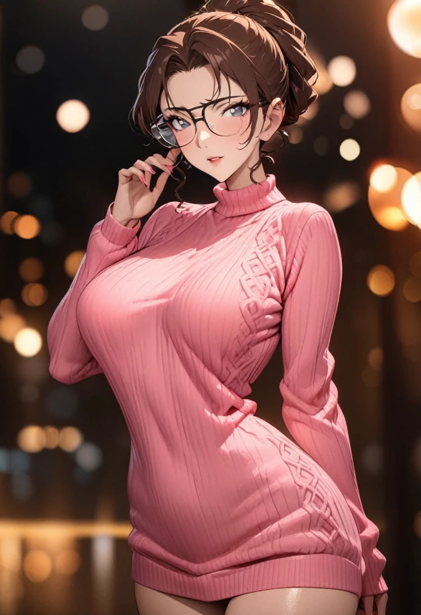 (breathtaking mature beauty,intellectual and elegant,luminous pink sweater,brown hair,(best quality,masterpiece:1.2),full-length shot,perfect figure,wearing glasses,ultra-clear,exquisite facial features,ultra-detailed,bokeh)