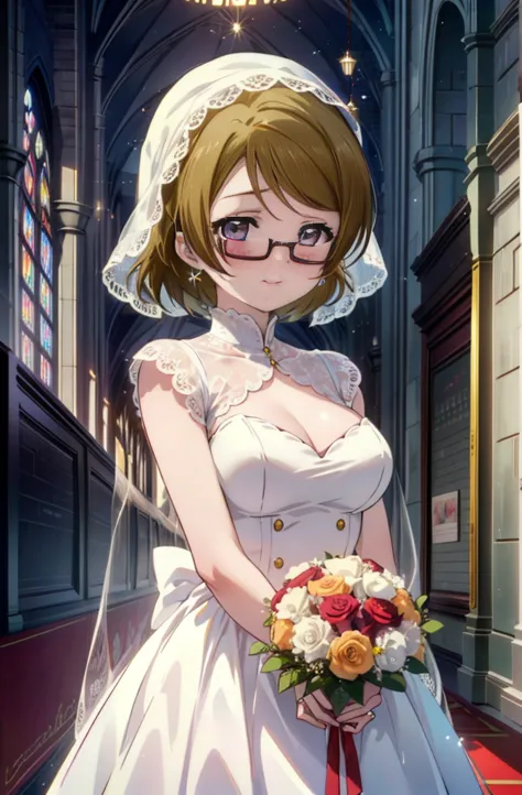 hanayo koizumi, hanayo　koizumi, short hair, brown hair, purple eyes,big breasts,black-rimmed glasses,happy smile, smile, close y...