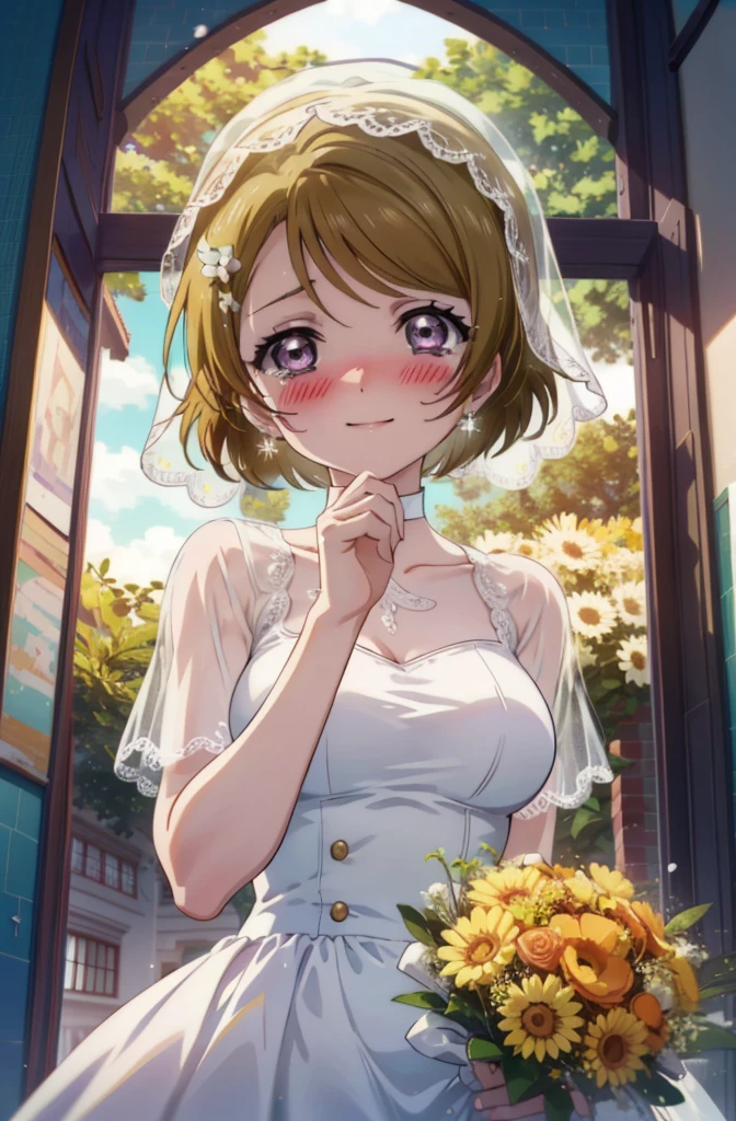 hanayo koizumi, hanayo　Koizumi, short hair, Brown Hair, Purple eyes,Big Breasts,happy smile, smile, Close your mouth,Wedding dress,Veil,bouquet,Flower storm,Tears stream down her face,Tears of joy,I cry a lot,　　　　　　　　　　　　　　　　　　　　break looking at viewer, Upper Body,(Cowboy Shot:1. 5) 　　　　　　　　　　　　　　　　　　　break indoors, Chapel,church, 　　　　　　　　　　　break (masterpiece:1.2), Highest quality, High resolution, unity 8k wallpaper, (shape:0.8), (Beautiful attention to detail:1.6), Highly detailed face, Perfect lighting, Highly detailed CG, (Perfect hands, Perfect Anatomy),