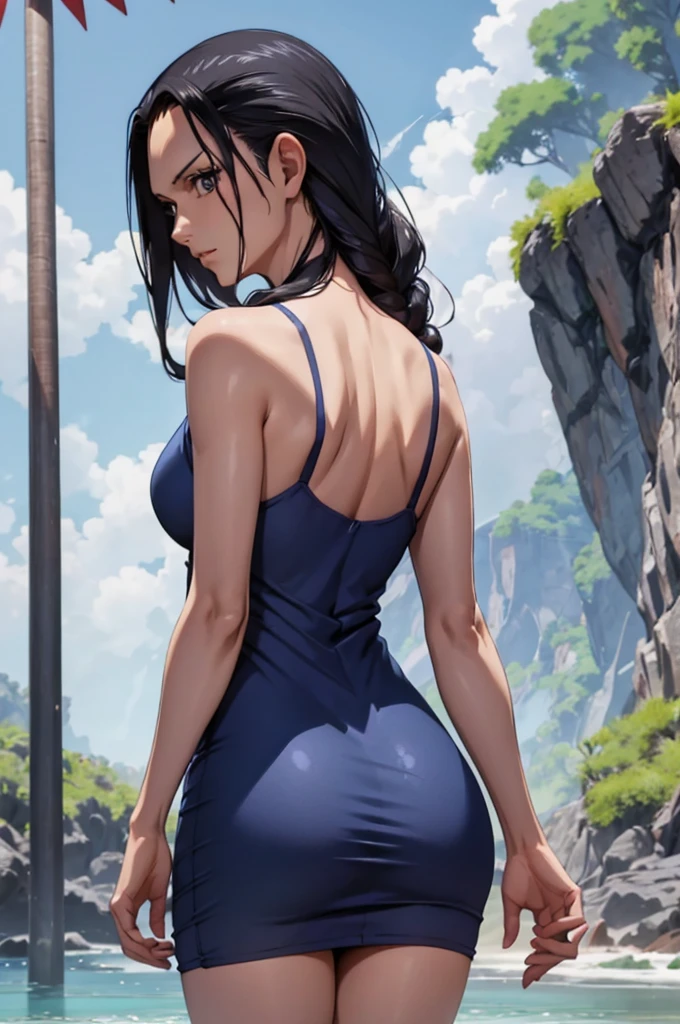 girl, nico robin, one piece, short navy blue dress without prints, big , big ass, from behind, f/16, 85mm, masterpiece, super detail, high details, high quality, best quality, highres, 4K