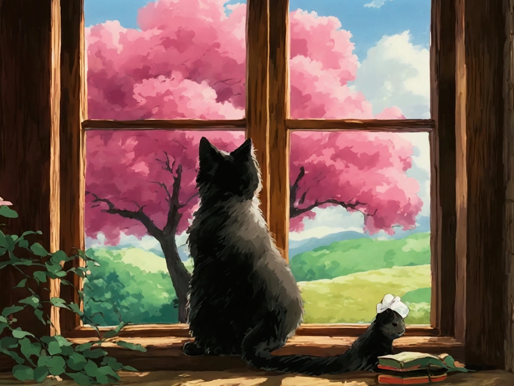 Studio Ghibli-Stil - Studio Ghibli-Stil, große süße schwarze Katze schaut aus einem großen Holzfenster auf einen großen rosa Hundsholzbaum, Sanfte grüne Hügel im Hintergrund, ästhetische Möbel im Vordergrund