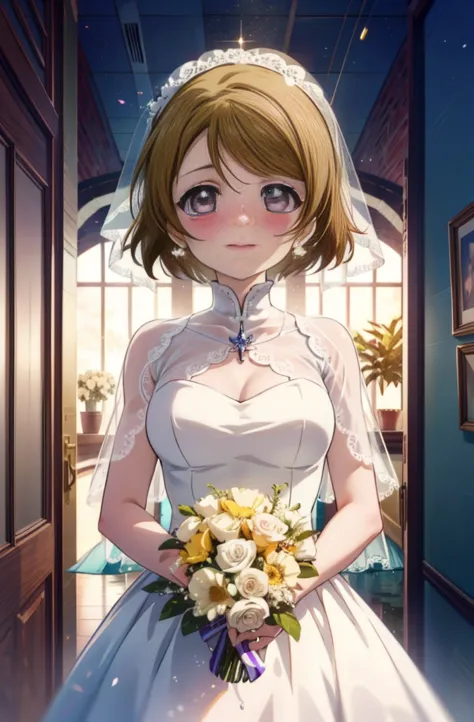 hanayo koizumi, hanayo　koizumi, short hair, brown hair, purple eyes,big breasts,happy smile, smile, close your mouth,wedding dre...