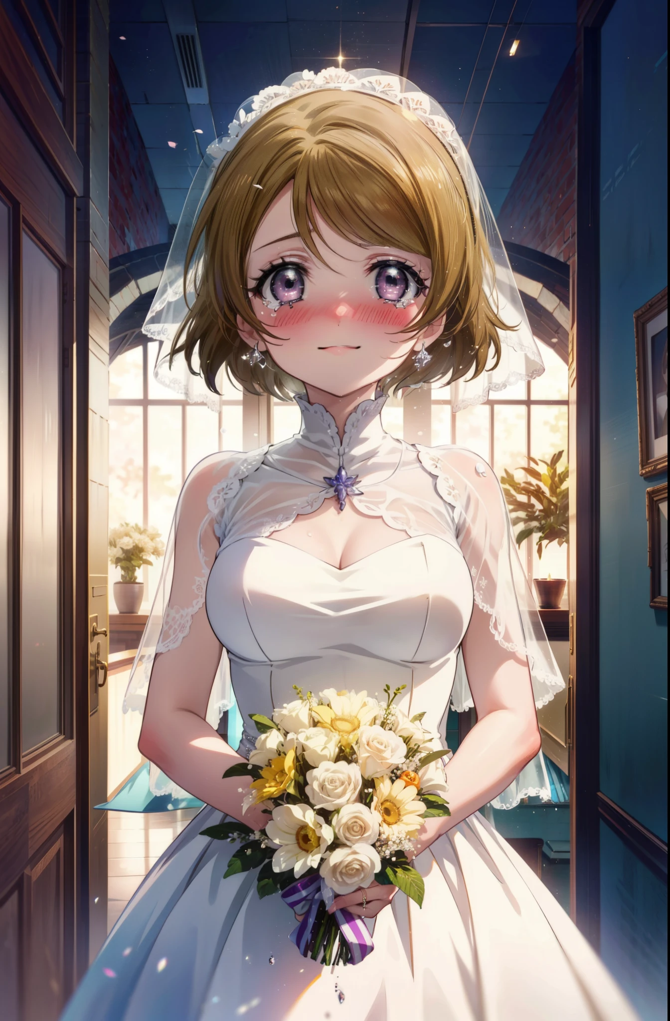 hanayo koizumi, hanayo　고이즈미, 짧은 머리, 갈색 머리, 보라색 눈,큰 가슴,happy 웃다, 웃다, 입을 다물어라,웨딩 드레스,베일,꽃다발,꽃폭풍,그녀의 얼굴에는 눈물이 흘러내린다,기쁨의 눈물,나는 많이 울어요,　　　　　　　　　　　　　　　　　　　　부서지다 looking at viewer, 상체,(카우보이 샷:1. 5) 　　　　　　　　　　　　　　　　　　　부서지다 indoors, 예배당,교회, 　　　　　　　　　　　부서지다 (걸작:1.2), 최상의 품질, 높은 해상도, 유니티 8K 벽지, (모양:0.8), (세부 사항에 대한 아름다운 관심:1.6), 매우 상세한 얼굴, 완벽한 조명, 매우 상세한 cg, (완벽한 손, 완벽한 해부학),