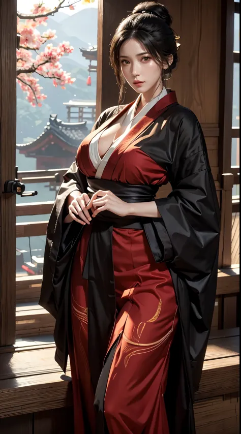 photorealistic, high resolution, 1women, mature female, solo, hips up, black hair, emma \(sekiro\), japanese clothes, kimono, si...