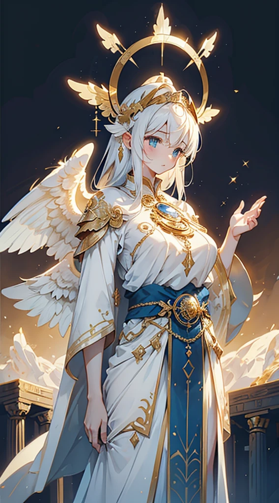 goddess，Fantasy style，Magic Style，Greek style，White gold color scheme，White and gold，goddess，Halo，Divinity，wing，wing，wing，wing，wing，Big breasts大屁股，Big breasts，Full figure，Royal sister，graceful，Noble temperament，robe，高开叉robe，Golden runes，Kingdom of Heaven background，Ancient Greek temple background，Close-up above the waist，Upper body close-up，Western style，Western style clothing，古希腊robe，Gods，Divinity，goddess