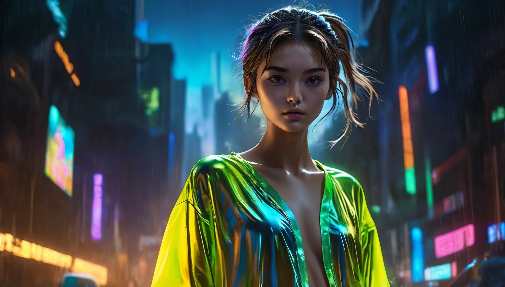 Top Quality, Masterpiece, High Resolution, 8k, (((cute skinny barely legal girl in oversized silky sleepshirt and wetlook leggings, bare belly, wide neckline, deep neckline, small perky breasts, beautiful detailed eyes, beautiful detailed lips, small closed mouth, extremely detailed face, long ponytail hair, small hips))), cyberpunk apartment, moody atmosphere, dramatic and random neon colors, futuristic setting, intricate details, at night, backlit, full body shot, view from distance 