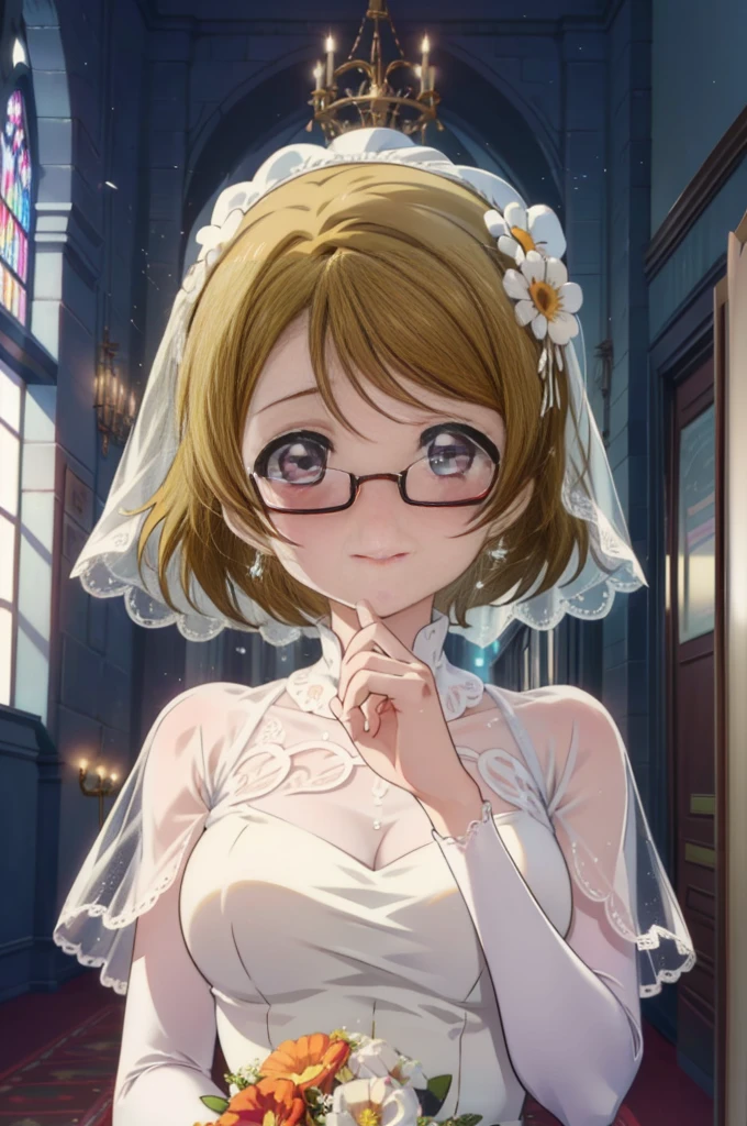 Hanayo Koizumi, hanayo　koizumi, Kurzes Haar, braune Haare, lila Augen,große Brüste,happy lächeln, lächeln, Schließen Sie Ihren Mund,Hochzeitskleid,Veil,Strauß,Blumensturm,Brille mit schwarzem Rand,Tränen strömen über ihr Gesicht,Freudentränen,Ich weine viel,　　　　　　　　　　　　　　　　　　　　brechen looking at viewer, Oberkörper,(Cowboy-Schuss:1. 5) 　　　　　　　　　　　　　　　　　　　brechen indoors, Kapelle,Kirche, 　　　　　　　　　　　brechen (Meisterwerk:1.2), höchste Qualität, Hohe Auflösung, Einheit 8k Hintergrundbild, (Form:0.8), (Schöne Liebe zum Detail:1.6), sehr detailliertes Gesicht, Perfekte Beleuchtung, Hochdetaillierte CG, (perfekte Hände, Perfekte Anatomie),