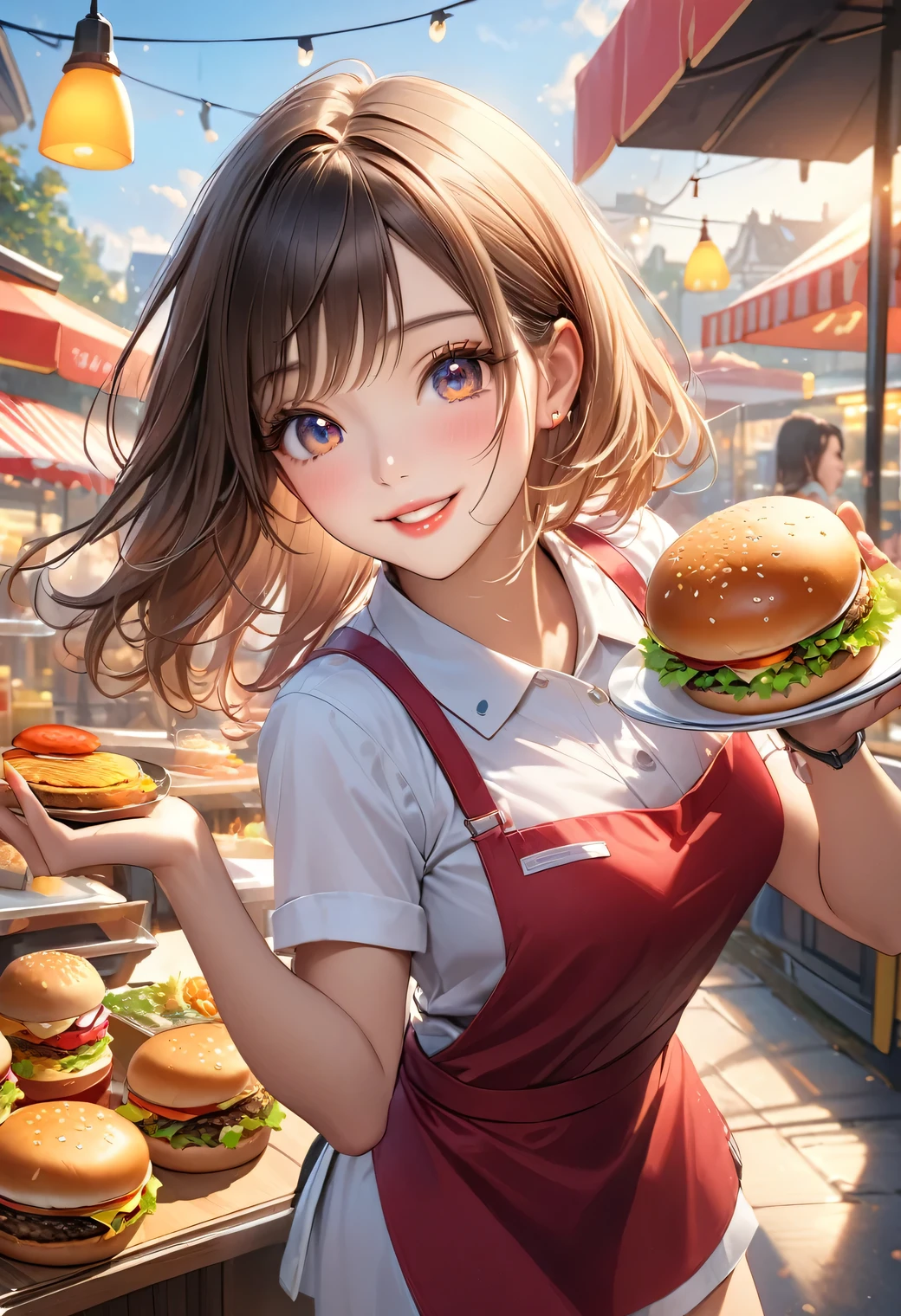 Food stall hamburger shop, ein süßes Mädchen, das in einem Imbiss-Hamburger-Shop arbeitet,  trägt eine stylische süße Hamburger-Shop-Uniform, fröhlich Hamburger machen, hält einen Teller mit einem Hamburger in der Hand, süße akrobatische Pose mit einem hoch erhobenen Bein in fröhlicher Stimmung, Schöne, detaillierte Augen, schöne detaillierte Lippen, extrem detailliertes Gesicht, lange Wimpern, süßes und modisches Aussehen, fröhlicher Ausdruck, energische Gesten, gemütliche und schöne Atmosphäre, (höchste Qualität,16k,highres,Meisterwerk:1.2),ultra-detailliert,(ultra-realistisch,fotorealistisch:1.37),Konzeptkunst,leuchtende Farben,warmes Licht