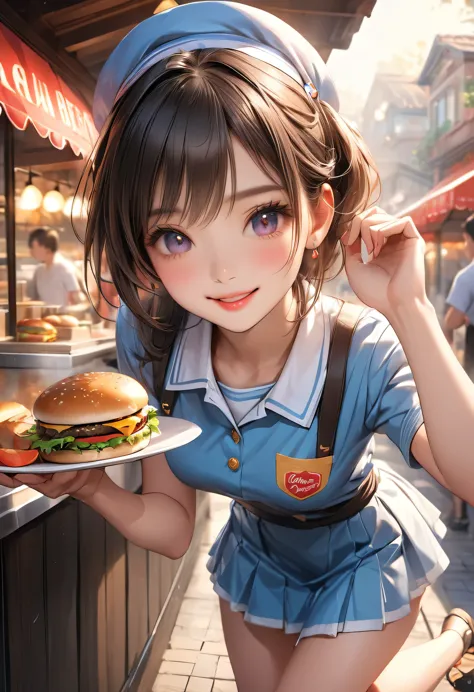 Food stall hamburger shop, a cute girl working at a Food stall hamburger shop,  wearing a stylish cute hamburger shop uniform, h...