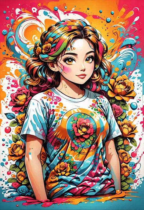 designer t-shirt with colorful illustration with many roses, at the center, swirly vibrant colors, paint splashes and smears, hi...