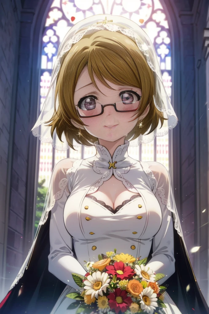 hanayo koizumi, hanayo　Koizumi, short hair, Brown Hair, Purple eyes,Big Breasts,happy smile, smile, Close your mouth,Wedding dress,Veil,bouquet,Flower storm,Black-rimmed glasses,Tears stream down her face,Tears of joy,I cry a lot,　　　　　　　　　　　　　　　　　　　　break looking at viewer, whole body,(Cowboy Shot:1. 5) 　　　　　　　　　　　　　　　　　　　break indoors, Chapel,church, 　　　　　　　　　　　break (masterpiece:1.2), Highest quality, High resolution, unity 8k wallpaper, (shape:0.8), (Beautiful attention to detail:1.6), Highly detailed face, Perfect lighting, Highly detailed CG, (Perfect hands, Perfect Anatomy),