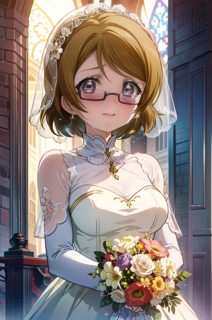 hanayo koizumi, hanayo　Koizumi, short hair, Brown Hair, Purple eyes,Big Breasts,happy smile, smile, Close your mouth,Wedding dress,Veil,bouquet,Flower storm,Black-rimmed glasses,Tears stream down her face,Tears of joy,I cry a lot,　　　　　　　　　　　　　　　　　　　　break looking at viewer, whole body,(Cowboy Shot:1. 5) 　　　　　　　　　　　　　　　　　　　break indoors, Chapel,church, 　　　　　　　　　　　break (masterpiece:1.2), Highest quality, High resolution, unity 8k wallpaper, (shape:0.8), (Beautiful attention to detail:1.6), Highly detailed face, Perfect lighting, Highly detailed CG, (Perfect hands, Perfect Anatomy),